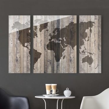 Glasschilderijen - 3-delig Wood World Map