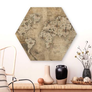 Hexagons houten schilderijen Shabby Clocks World Map