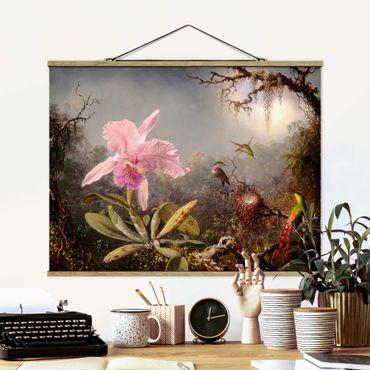 Stoffen schilderij met posterlijst Martin Johnson Heade - Orchid And Three Hummingbirds