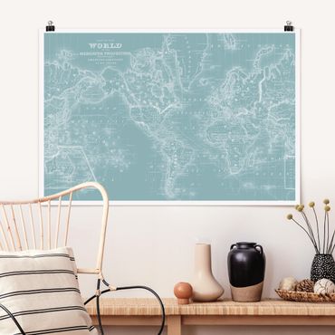 Posters World Map In Ice Blue