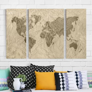 Canvas schilderijen - 3-delig Paper World Map Beige Brown