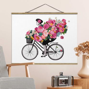 Stoffen schilderij met posterlijst Illustration Woman On Bicycle Collage Colourful Flowers