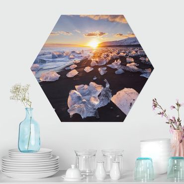 Hexagons Aluminium Dibond schilderijen Chunks Of Ice On The Beach Iceland