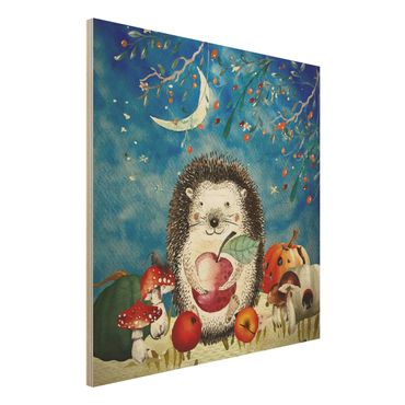 Houten schilderijen Watercolour Hedgehog In Moonlight