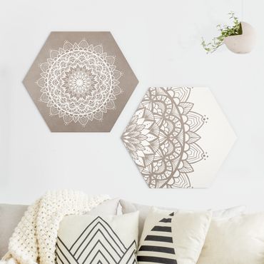 Hexagons Aluminium Dibond schilderijen - 2-delig Mandala Illustration Shabby Set Beige White