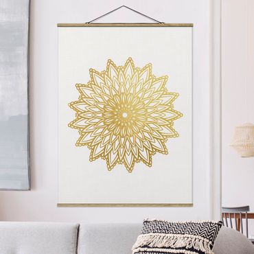 Stoffen schilderij met posterlijst Mandala Sun Illustration White Gold