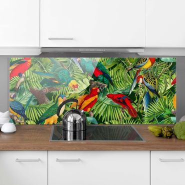 Spatscherm keuken Bunte Collage - Papageien im Dschungel