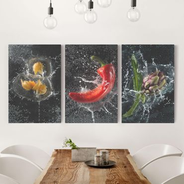 Canvas schilderijen - 3-delig Pepper artichoke Physalis Splash