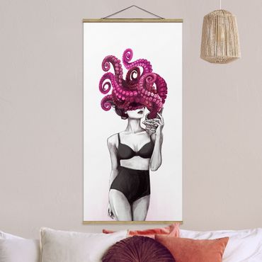 Stoffen schilderij met posterlijst Illustration Woman In Underwear Black And White Octopus