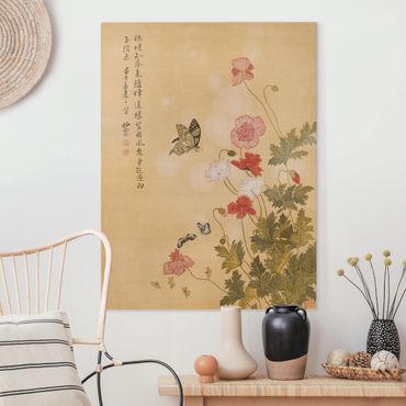 Canvas schilderijen Yuanyu Ma - Poppy Flower And Butterfly