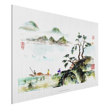 Aluminium Dibond schilderijen Japanese Watercolour Drawing Lake And Mountains