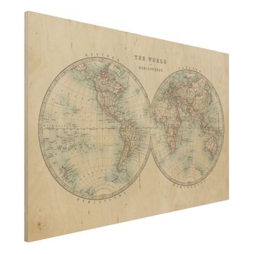 Houten schilderijen Vintage World Map The Two Hemispheres