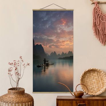 Stoffen schilderij met posterlijst Sunrise Over Chinese River