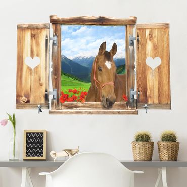 Muurstickers Window With Heart And Horse Alpine Meadow