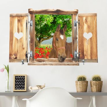 Muurstickers Window With Heart And Horse Meadow