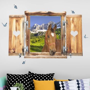 Muurstickers Window With Heart And Horse Styria Alpine Meadow