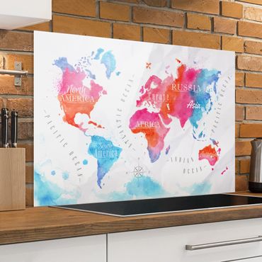 Spatscherm keuken World Map Watercolor Red Blue