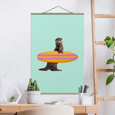 Stoffen schilderij met posterlijst Otter With Surfboard