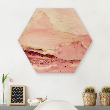 Hexagons houten schilderijen Abstract Mountains Pink With Golden Lines