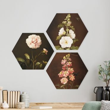 Hexagons Forex schilderijen - 3-delig Barbara Regina Dietzsch - Roses And Levkkoje