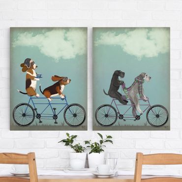 Canvas schilderijen - 2-delig  Cycling - Bassets And Schnauzer Tandem Set II