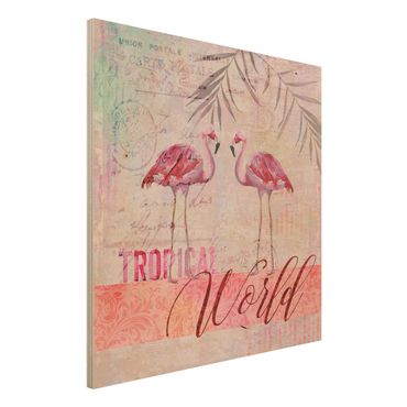 Houten schilderijen Vintage Collage - Tropical World Flamingos