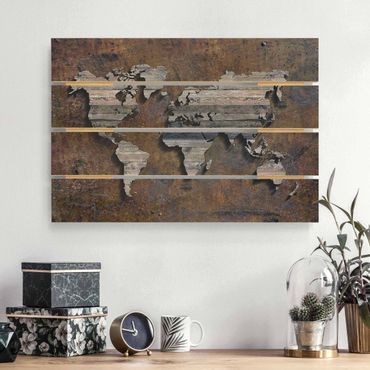 Houten schilderijen op plank Wooden Grid World Map