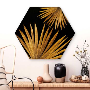 Hexagons houten schilderijen Gold - Palm Leaf On Black