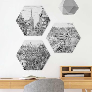Hexagons Aluminium Dibond schilderijen - 3-delig City Studies - New York - London - Rome