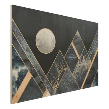Houten schilderijen Golden Moon Abstract Black Mountains