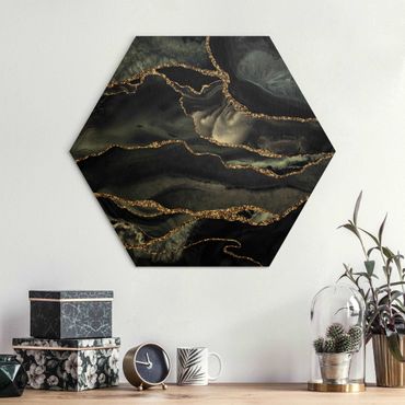 Hexagons Aluminium Dibond schilderijen Black With Glitter Gold