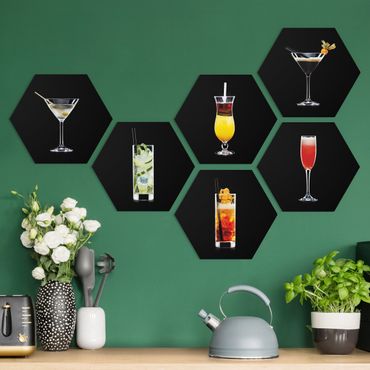 Hexagons Aluminium Dibond schilderijen - 6-delig Cocktail Set On Black Set II