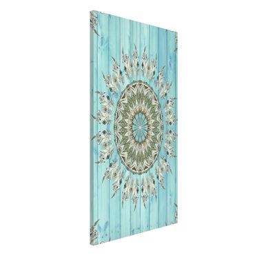 Magneetborden Mandala Watercolour Feathers Blue Green Wooden Boards