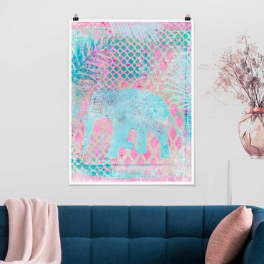 Posters Colourful Collage - Elephant In Blue And Pink