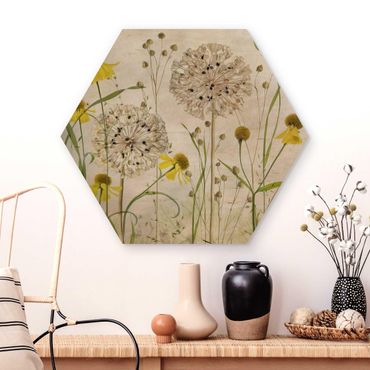 Hexagons houten schilderijen Allium And Helenium Illustration