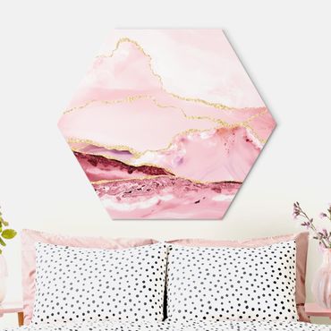 Hexagons Aluminium Dibond schilderijen Abstract Mountains Pink With Golden Lines