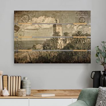 Houten schilderijen op plank Vintage Postcard With Lighthouse And Palm Trees