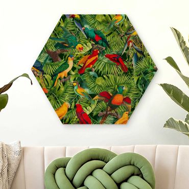 Hexagons houten schilderijen Colorful Collage - Parrot In The Jungle