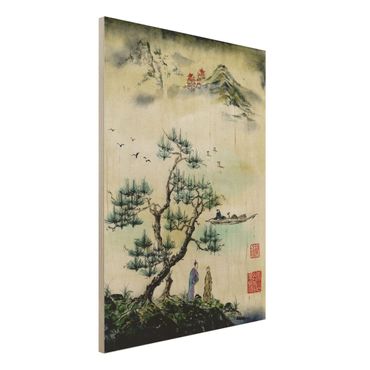 Houten schilderijen Japanese Watercolour Drawing Pine And Mountain Village