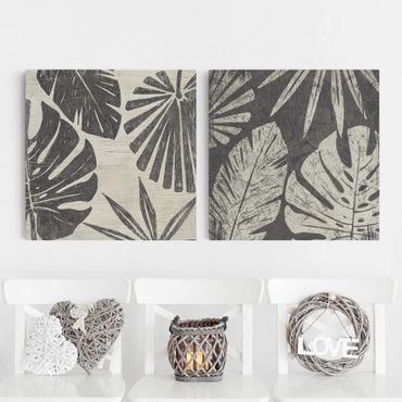 Canvas schilderijen - 2-delig  Palm Leaves In Front Of Dark Gray Set I