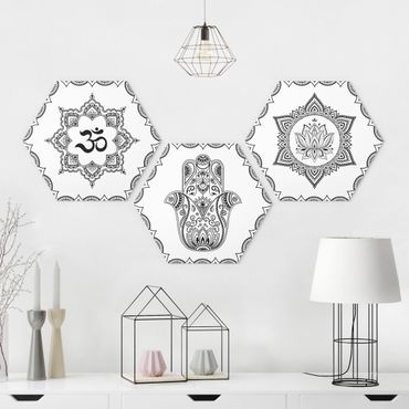 Hexagons Forex schilderijen - 3-delig Hamsa Hand Lotus OM Illustration Set Black And White