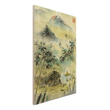 Houten schilderijen Japanese Watercolour Drawing Bamboo Forest