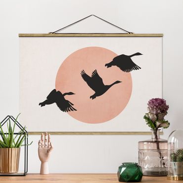 Stoffen schilderij met posterlijst Birds In Front Of Rose Sun III