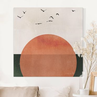 Canvas schilderijen Flock Of Birds In Front Of Rising Sun