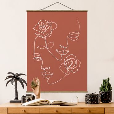 Stoffen schilderij met posterlijst Line Art Faces Women Roses Copper