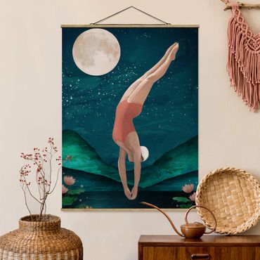 Stoffen schilderij met posterlijst Illustration Bather Woman Moon Painting