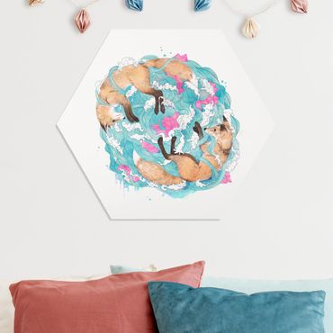 Hexagons Forex schilderijen Illustration Foxes And Waves Painting