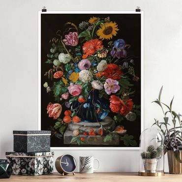 Posters Jan Davidsz de Heem - Tulips, a Sunflower, an Iris and other Flowers in a Glass Vase on the Marble Base of a Column