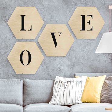 Hexagons houten schilderijen - 4-delig Letters LOVE Black Set II