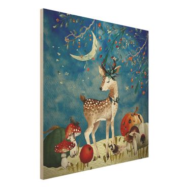 Houten schilderijen Watercolour Deer In Moonlight